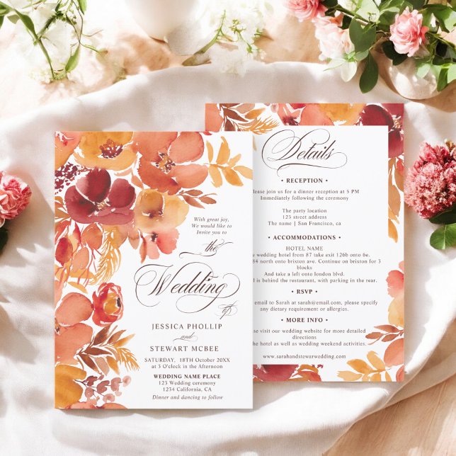 Fall Floral elegantes Boho alle in einem Skript Ho Einladung (Fall Floral elegant boho all in one script wedding Invitation)