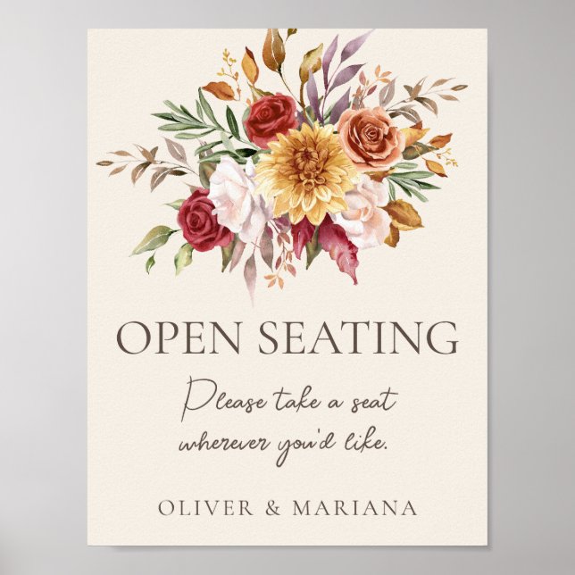 Fall Floral Elfenbein Hochzeit Open Seating Zeiche Poster (Vorne)