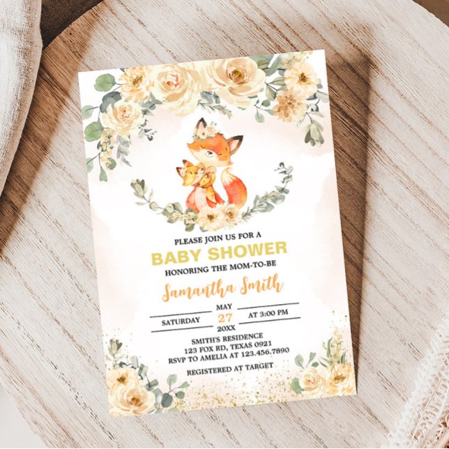 Fall Floral Fox Babydusche Einladung (Fox Baby Shower Invitation)