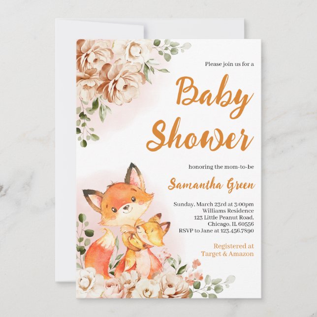 Fall Floral Fox Babydusche Einladung (Vorderseite)