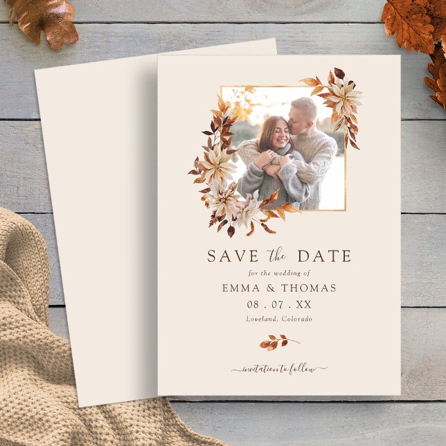 Fall Floral Gold Frame Wedding Foto Save the Date (Elegant Fall Floral Gold Frame Wedding Photo Save the Date by Painted Paperie
)