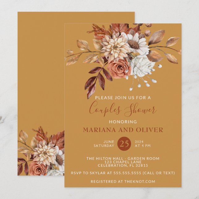 Fall Floral Gold Paare Dusche Einladung (Vorne/Hinten)