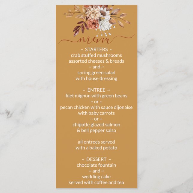 Fall Floral Gold Wedding Menü Menükarte (Vorderseite)