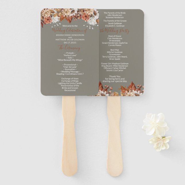 Fall Floral Gray Wedding Hand Fan Fächer (Vorne und Hinten)