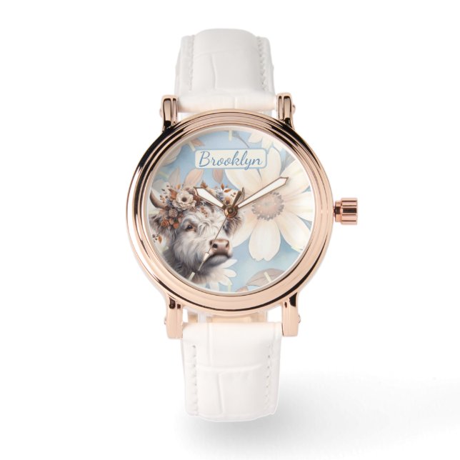 Fall Floral Highland Cow Armbanduhr (Vorderseite)