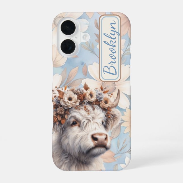 Fall Floral Highland Cow iPhone 16 Hülle (Rückseite)
