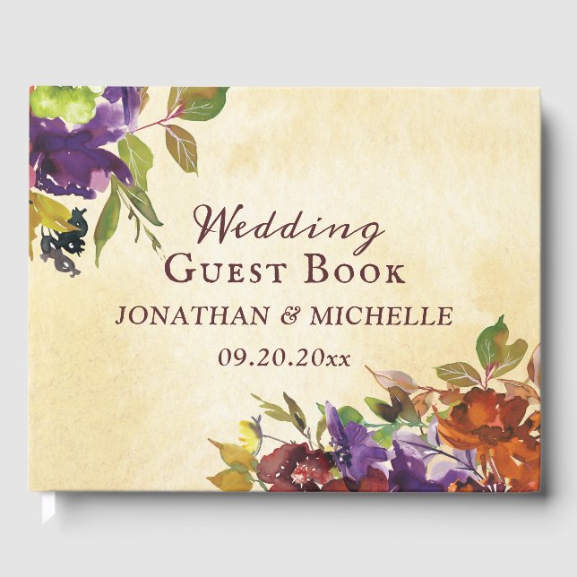 Fall Floral Lila Burnt Orange Gelbe Hochzeit Gästebuch (Vorderseite)