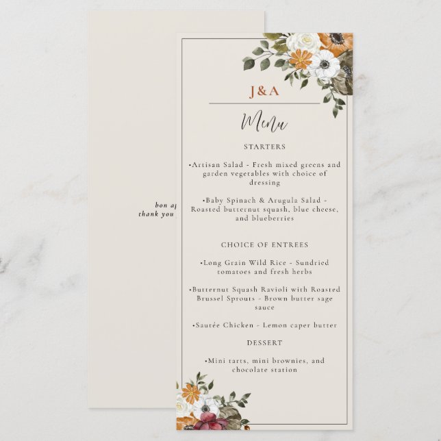 Fall Floral Monogram Wedding Watercolor Elfenbein Menükarte (Vorne/Hinten)