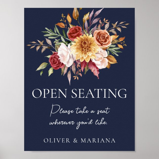 Fall Floral Navy Blue Hochzeit Open Seating Zeiche Poster (Vorne)