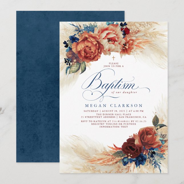 Fall Floral Navy Blue und Terracotta Taufe Einladung (Vorne/Hinten)
