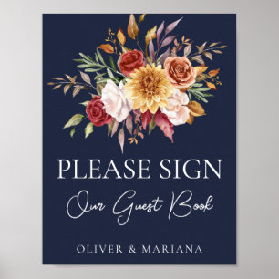 Fall Floral Navy Blue Wedding Guest Book Sign Poster