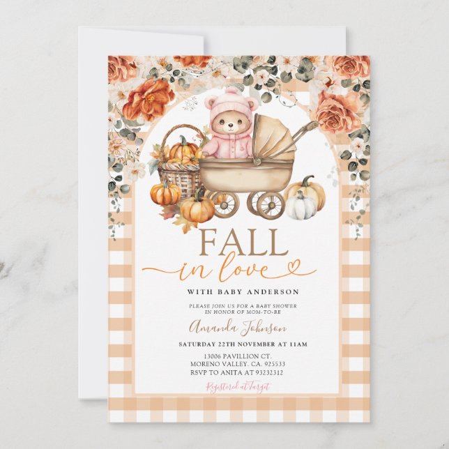 Fall Floral Pink Girl Gingham Bear Baby Dusche Einladung (Vorderseite)