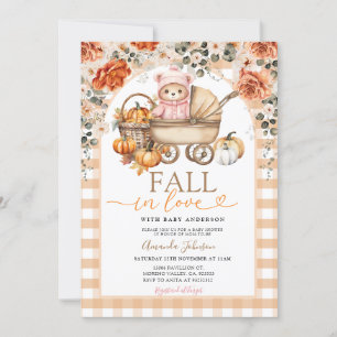 Fall Floral Pink Girl Gingham Bear Baby Dusche Einladung