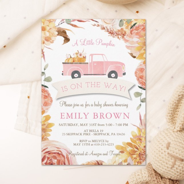 Fall Floral Pink Little PUMPKIN MIRL BABY DUSCHE Einladung (Von Creator hochgeladen)