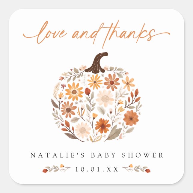 Fall Floral Pumpkin Baby Dusche Danke Quadratischer Aufkleber (Vorderseite)