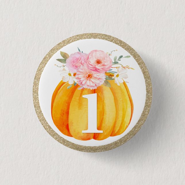 Fall Floral Pumpkin Baby Girl's 1st Birthday ONE Button (Vorderseite)
