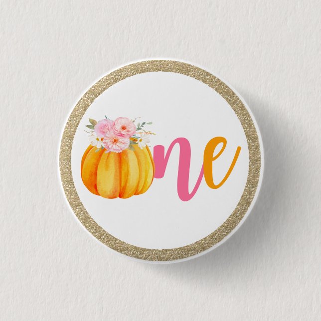 Fall Floral Pumpkin Baby Girl's 1st Birthday ONE Button (Vorderseite)