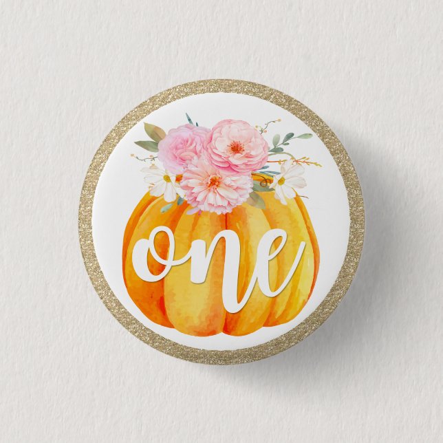 Fall Floral Pumpkin Baby Girl's 1st Birthday ONE Button (Vorderseite)