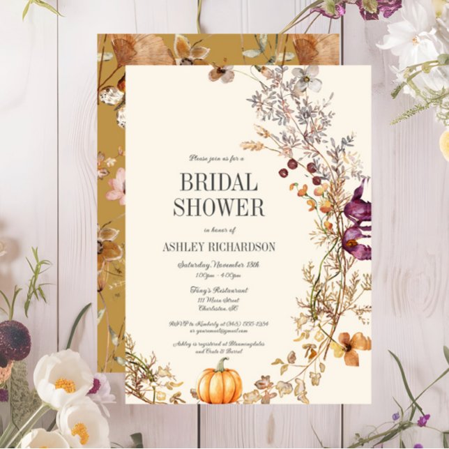 Fall Floral Pumpkin Boho Bridal Dusche Einladung (Fall Pumpkin Floral Bridal Shower Invitation, Ivory Bridal Shower Invite, Wildflowers )