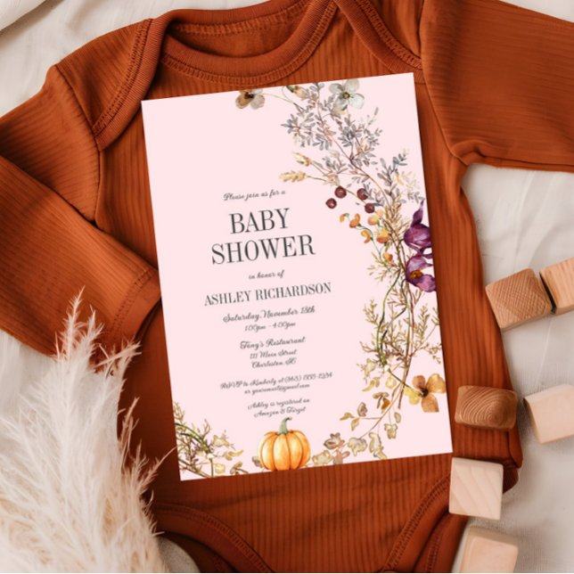 Fall Floral Pumpkin Boho Kinderdusche Einladung (Fall Floral Pumpkin Baby Shower Invitation, Pink Baby Girl Shower, Autumn Wildflowers)