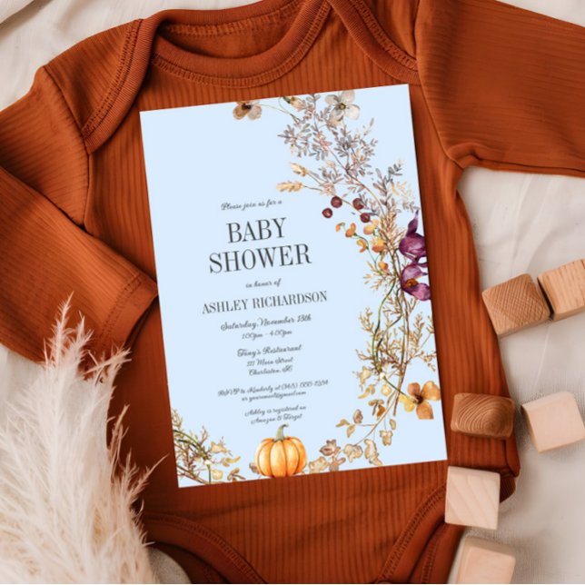 Fall Floral Pumpkin Boho Kinderdusche Einladung (Fall Pumpkin Floral Baby Shower Invitation, Baby Blue Shower Invite, Wildflowers, Autumn )