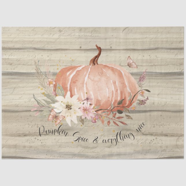 Fall Floral Pumpkin Burnt Orange Script Decoupage Seidenpapier (Vorderseite)