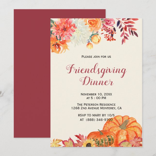 Fall Floral Pumpkin Friendsgiving Einladungen (Vorne/Hinten)