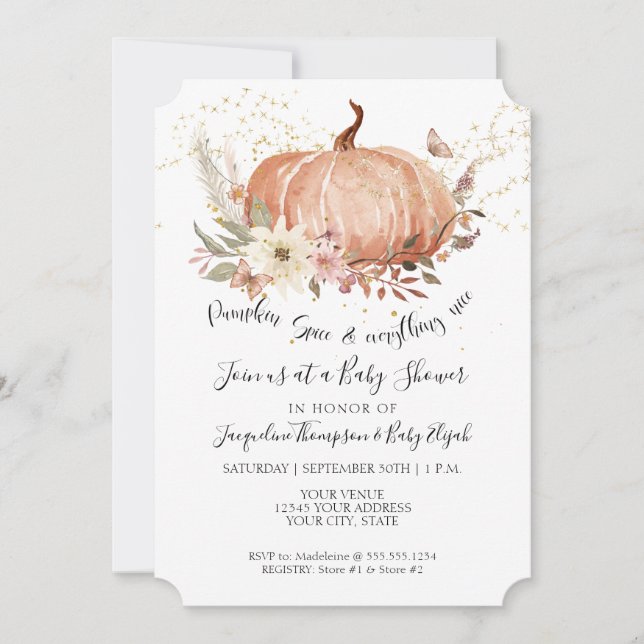 Fall Floral Pumpkin Sage Green Gold Baby Dusche Einladung (Vorderseite)