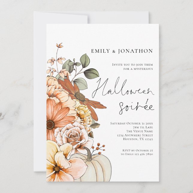 Fall Floral Pumpkin Script-Halloween-Party Einladung (Vorderseite)