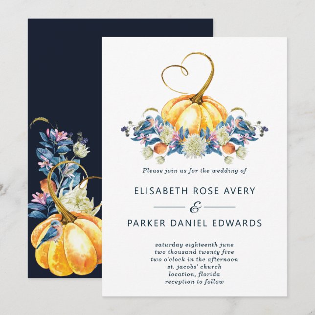 Fall Floral Pumpkin Wedding Einladung (Vorne/Hinten)