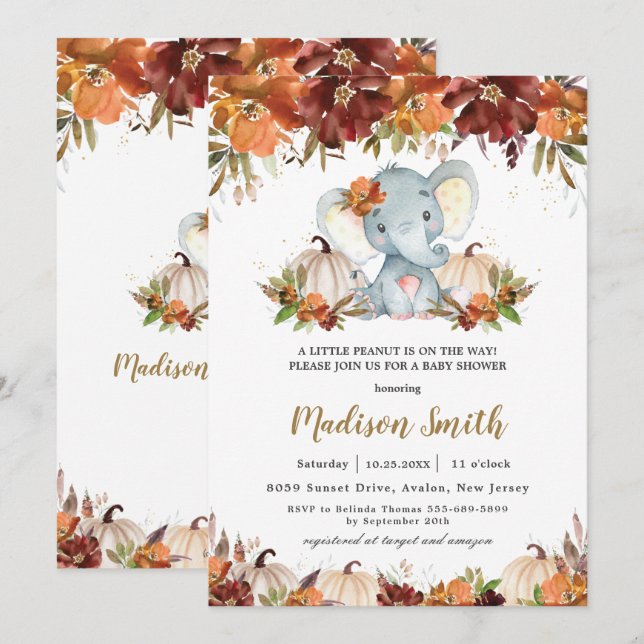 Fall Floral Pumpkins Niedlich Elephant Baby Dusche Einladung (Vorne/Hinten)