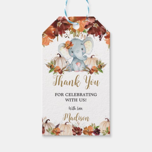 Fall Floral Pumpkins Niedlich Elephant Baby Dusche Geschenkanhänger (Vorderseite)