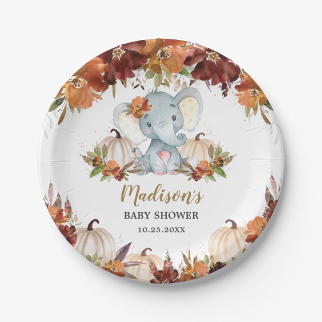 Fall Floral Pumpkins Niedlich Elephant Baby Dusche Pappteller (Vorderseite)