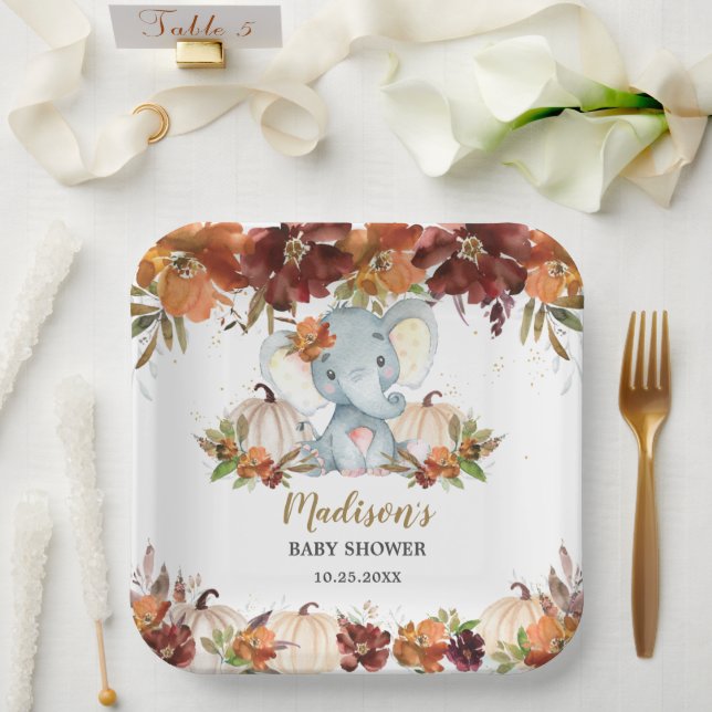 Fall Floral Pumpkins Niedlich Elephant Baby Dusche Pappteller (Hochzeit)