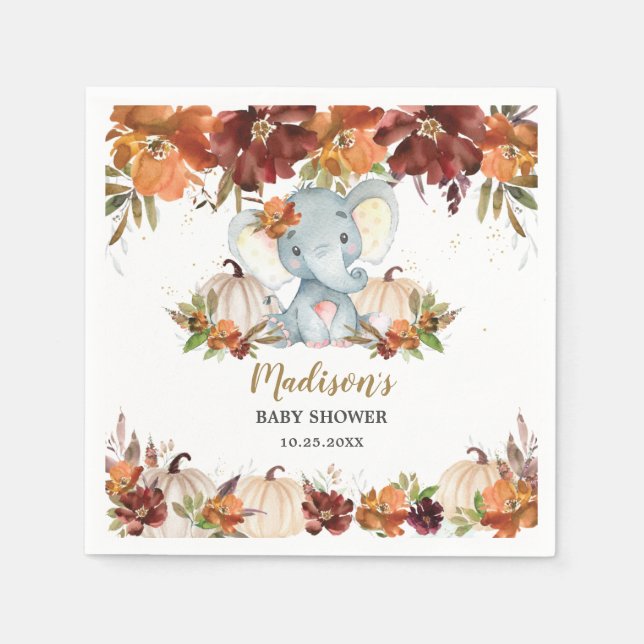 Fall Floral Pumpkins Niedlich Elephant Baby Dusche Serviette (Vorderseite)