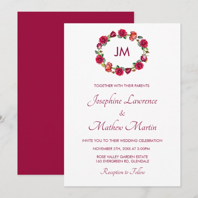 Fall Floral Rose Wreath Monogram Wedding Einladung (Vorne/Hinten)