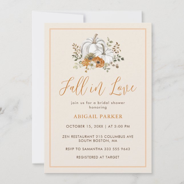 Fall Floral Rustikales weißes Pumpkin-Brautparty Einladung (Vorderseite)
