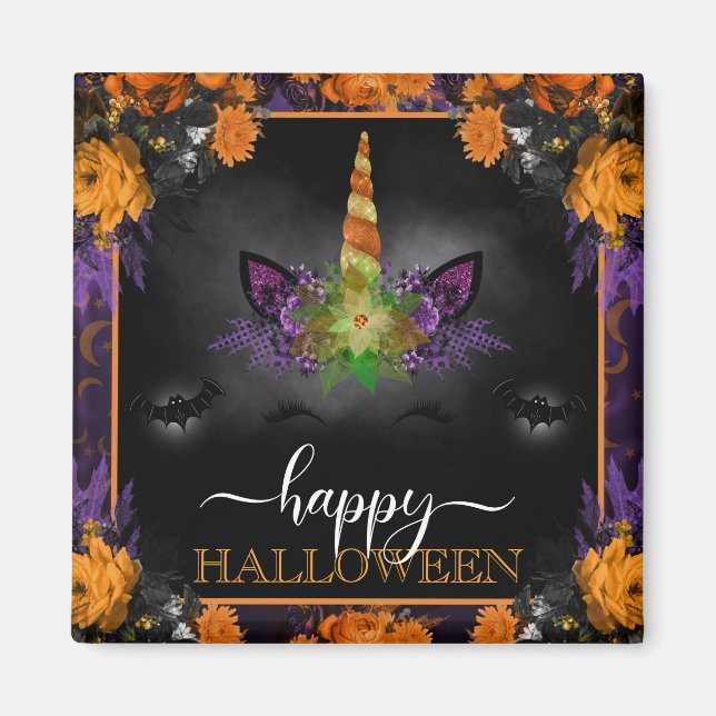 Fall Floral Unicorn Gesicht Happy Halloween Magnet (Vorne)