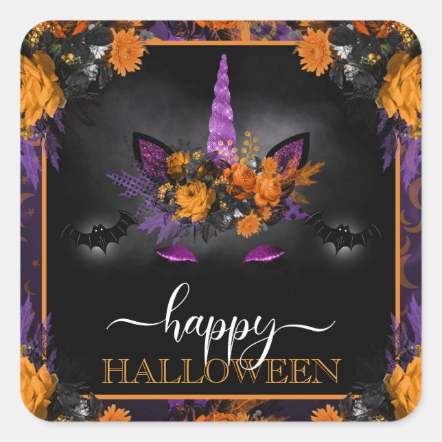 Fall Floral Unicorn Gesicht Happy Halloween Quadratischer Aufkleber (Vorderseite)