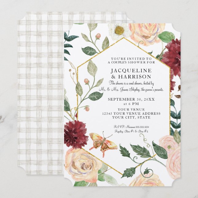 Fall Floral Wasserfarbe Marsala Kraft Doppeldusche Einladung (Vorne/Hinten)