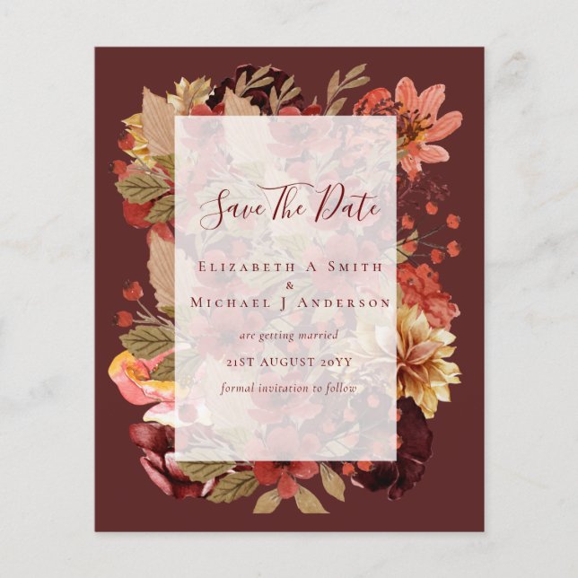 Fall Floral Wedding - Burgund Orange BUDGET Flyer (Vorne)