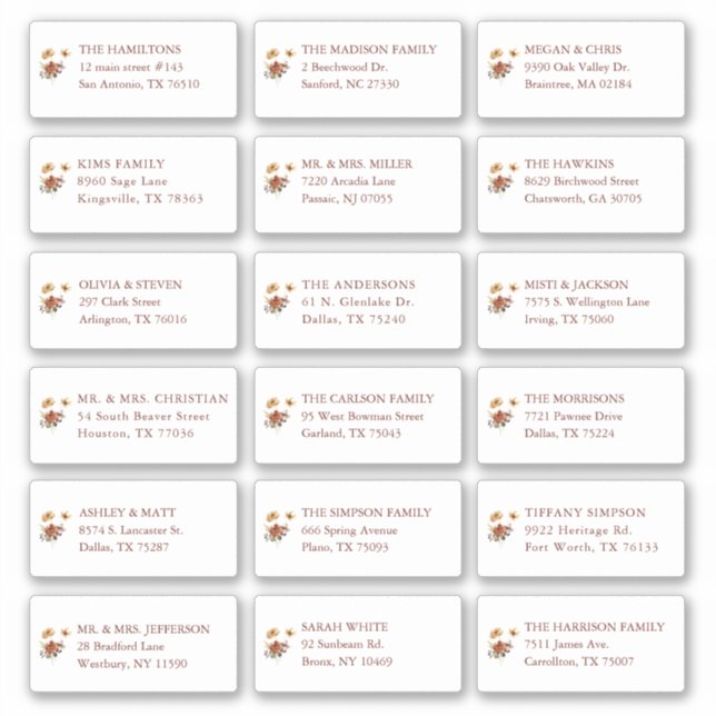 Fall Floral Wedding Guest Name Address Aufkleber (Vorderseite)