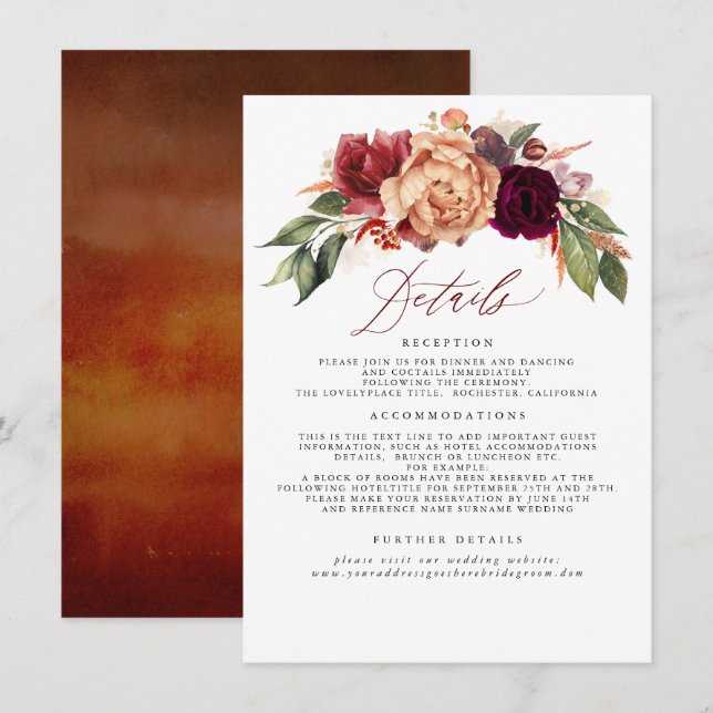 Fall Floral Wedding Information Enclosure Card Begleitkarte (Vorne/Hinten)