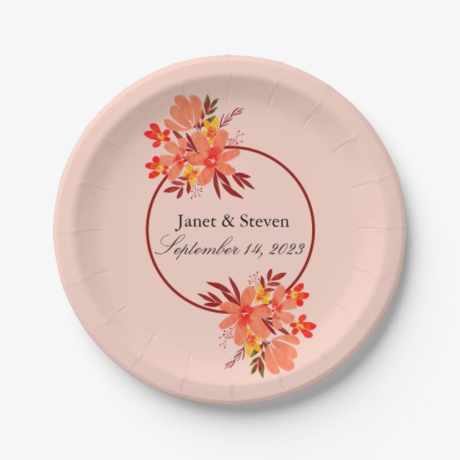Fall Floral Wedding Orange Gold Brown Pappteller (Vorderseite)