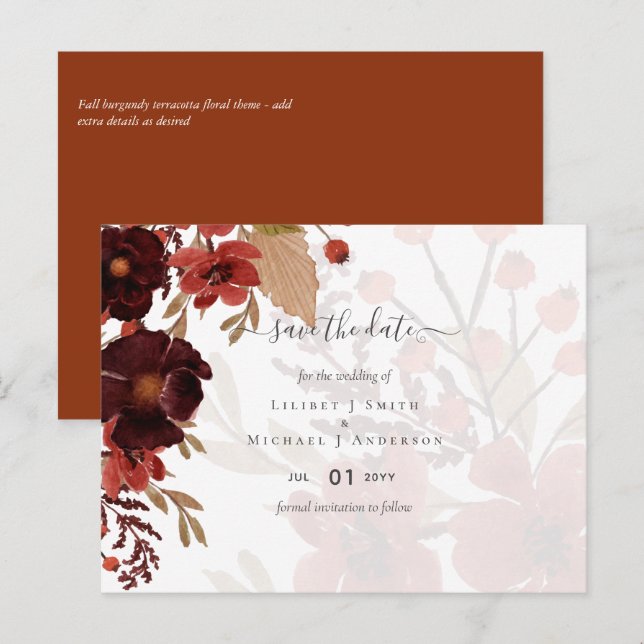 Fall Floral Wedding Suite Terracotta Burgundy Red Postkarte (Vorne/Hinten)