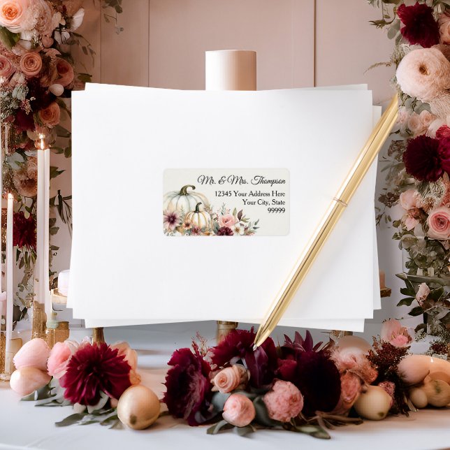 Fall Floral White Pumpkin Burgundy Rücksendeadress Adressaufkleber (Von Creator hochgeladen)