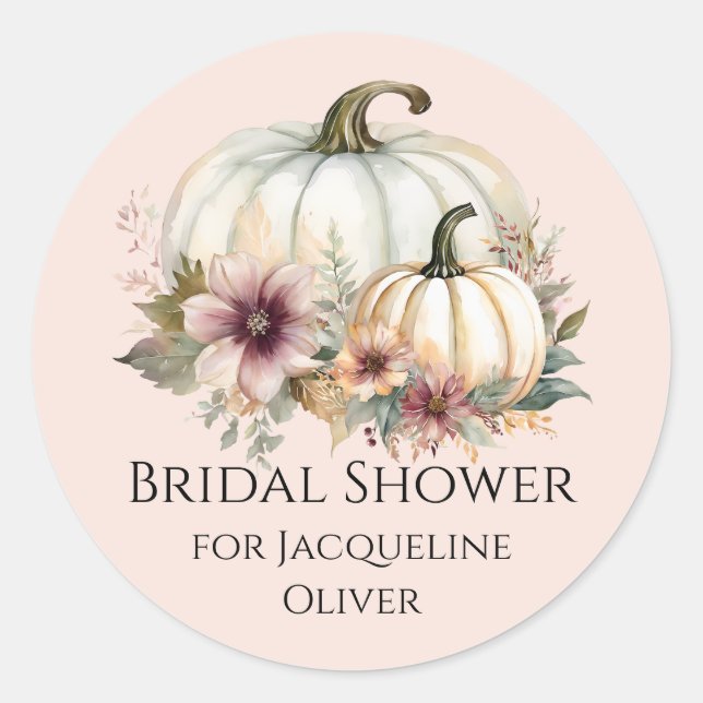 Fall Floral White Pumpkin Dusty Pink Brautparty Runder Aufkleber (Vorderseite)