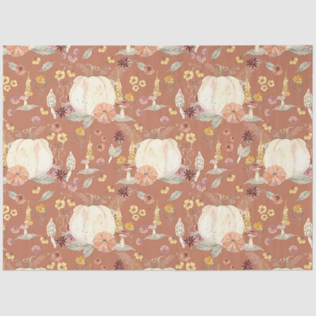 Fall Floral White Pumpkin Mushroom Rust Dekoupage Seidenpapier (Vorderseite)