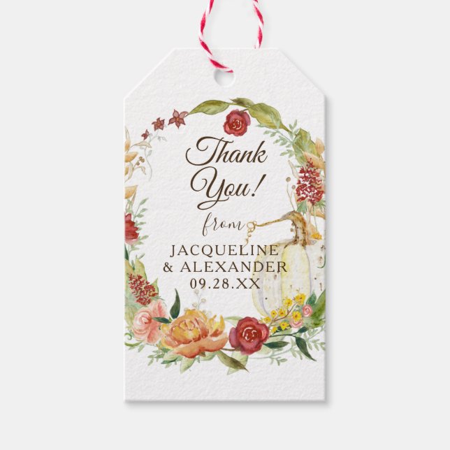 Fall Floral Wreath White Pumpkin Brautparty Gif Geschenkanhänger (Vorderseite)