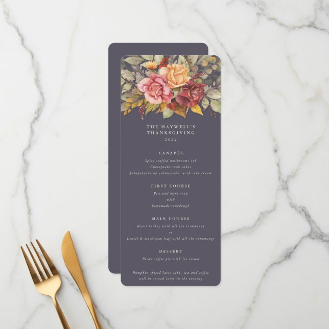Fall Florals Erntedank Flat 4 Course Menükarte (Vorderseite/Rückseite Beispiel)